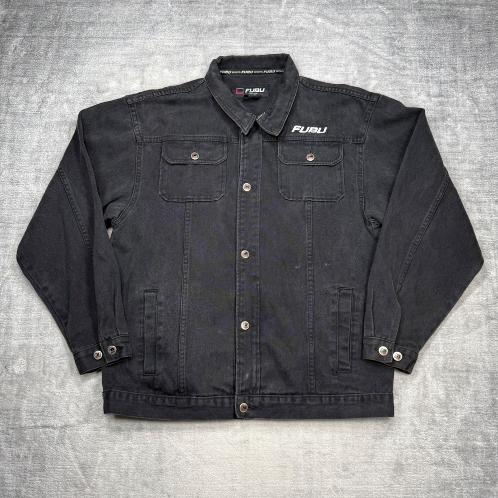 FUBU Jacket Mens XL Black Denim Vintage Y2K Embroidered Trucker Hip Hop